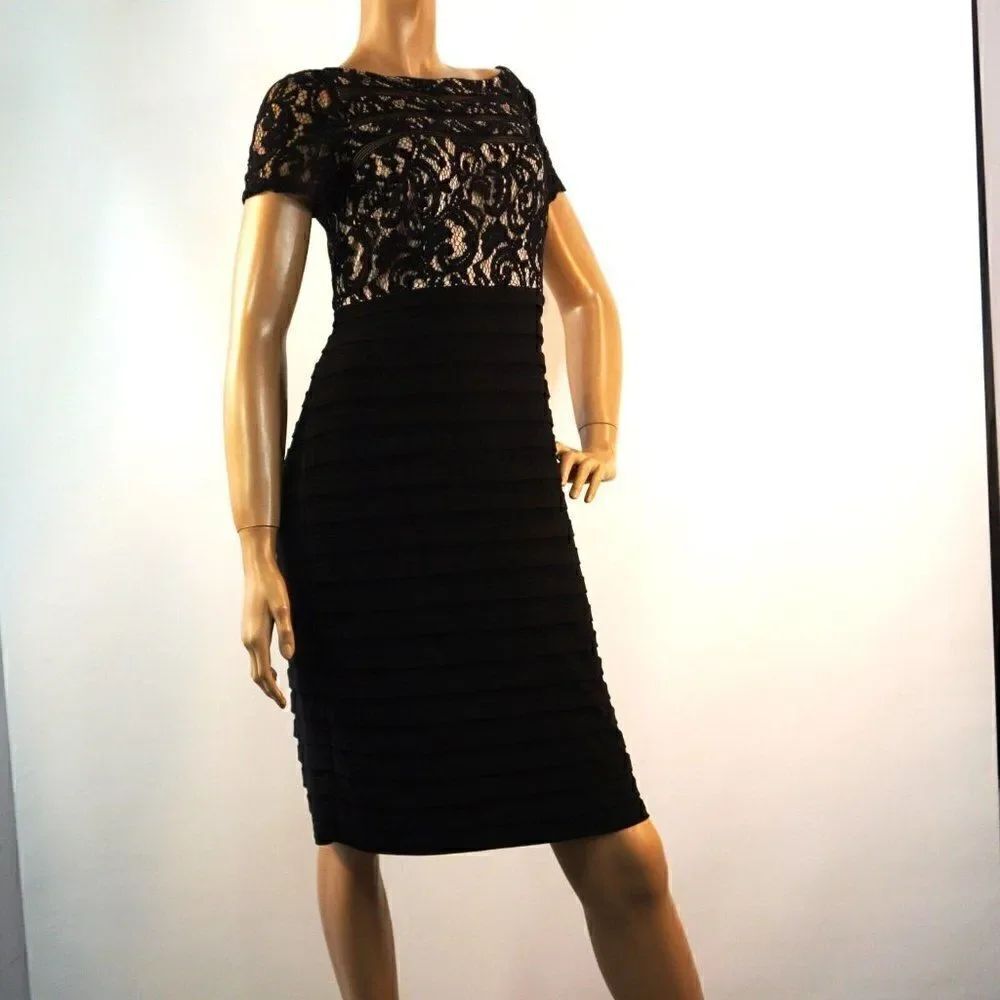 Adrianna Papell Cocktail Party Dress Sz 10 Black Nude Lace Overlay Short Sleeve